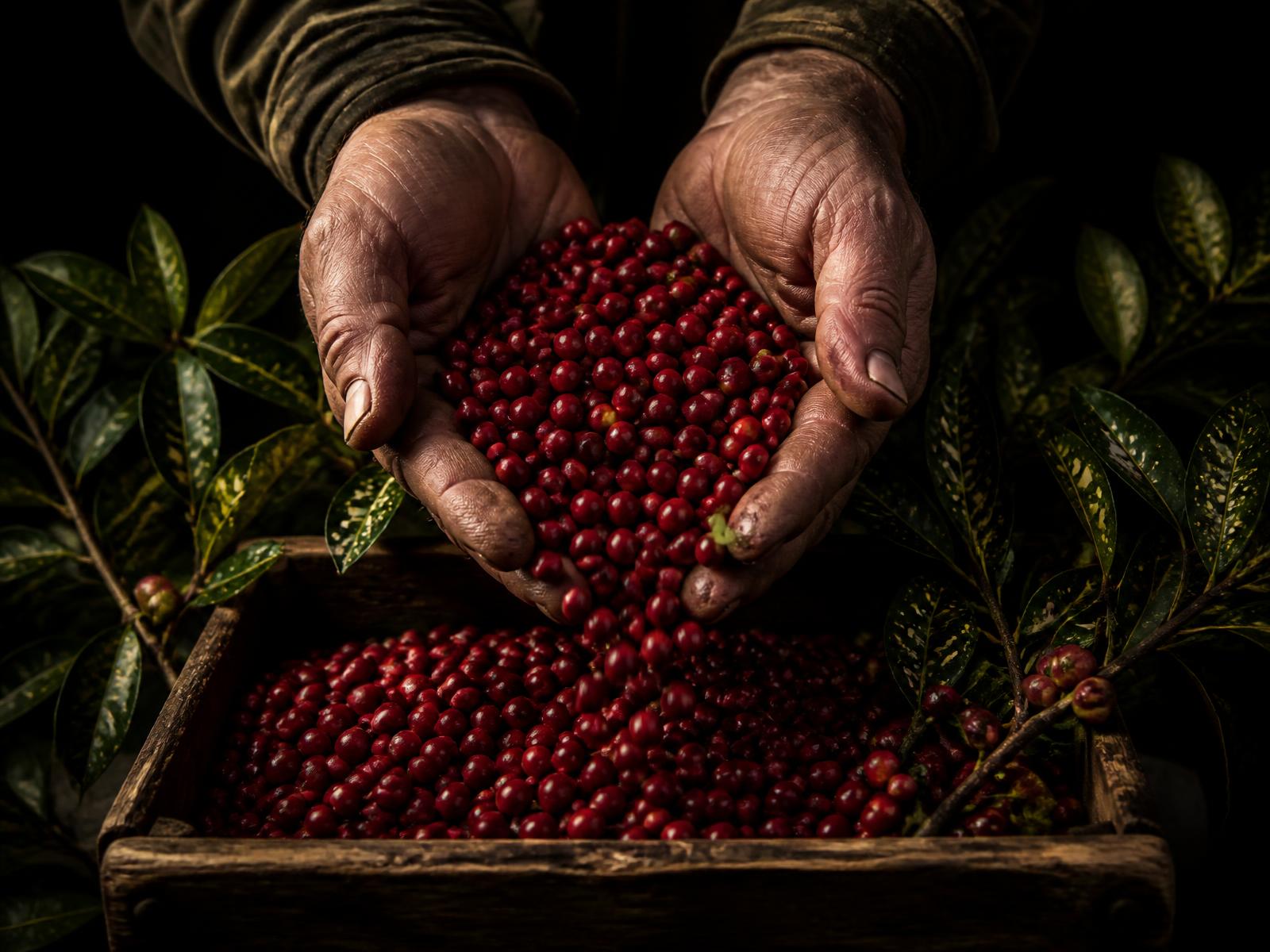 Hands pouring freshly harvested autumn olive berries into a wooden crate