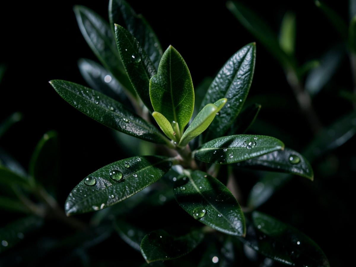 Macro photograph of autumn olive leaves after rain